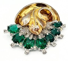 HTF Signed 1940s McClelland Barclay Gold-Tone Green & Clear Rhinestone Pin