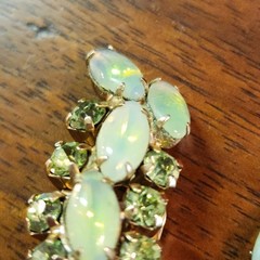 Vintage Opaline Glass & Aurora Borealis Rhinestone Clip Earrings Mid Century