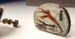 ANTIQUE ENAMEL HAND PAINT GIRAFFE AFRICA SCENIC ARTIST BRASS SCREW BACK EARRINGS