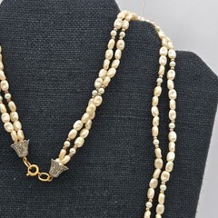 Vintage Faux Pearl Necklace Double Strand 32in Cream Beaded Floral Clasp