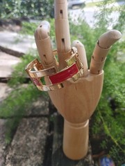 2 Vintage Hinged Bangle Bracelets with Red Enamel 1 Gold Tone 1 Silver Tone 80’s