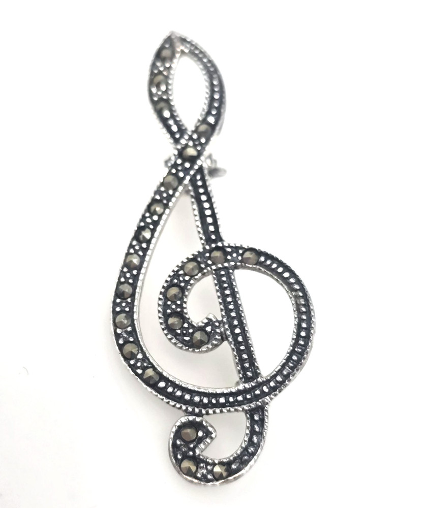 Vtg Signed MA Michael Anthony Sterling Silver Marcasite Treble Clef Brooch 925