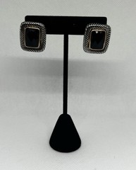 Vintage Cable Twist Two-Tone Black Onyx Faceted Glass Statement Pierced Earrings