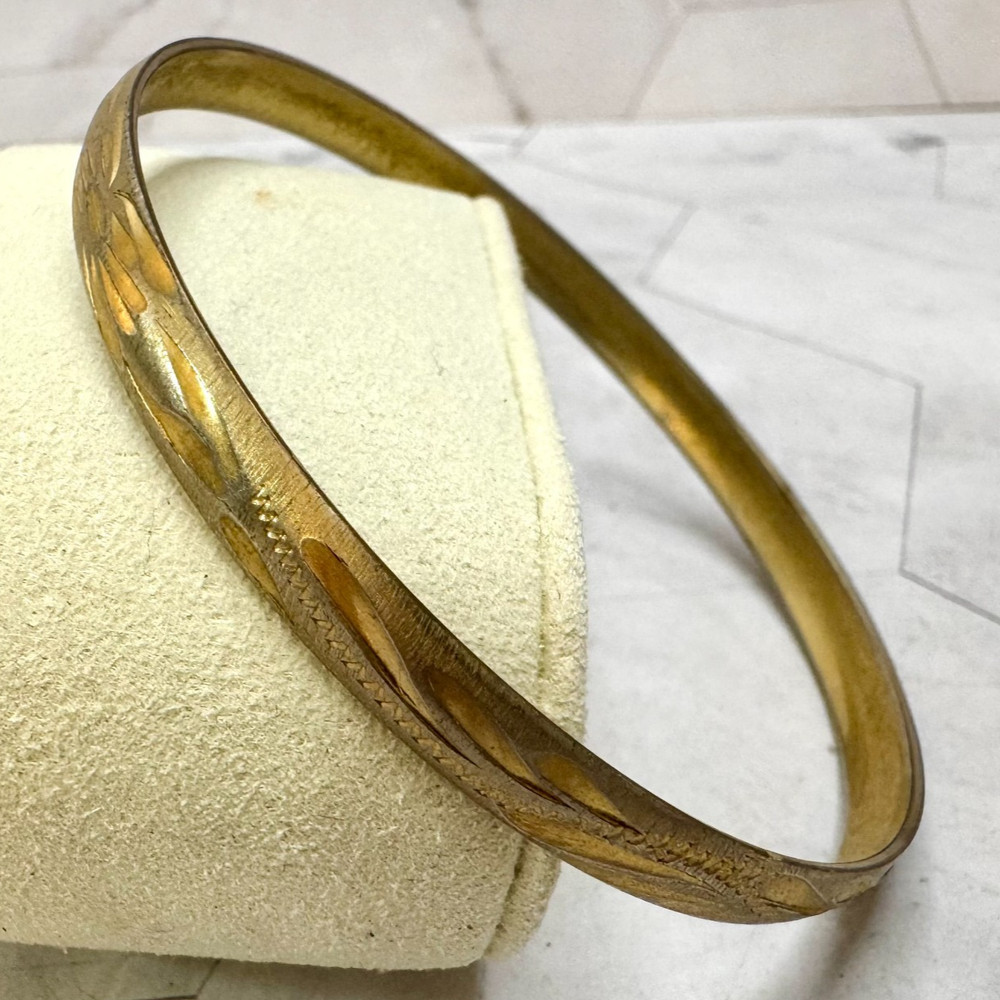 Vintage Bangle 14K CH Mexico Gold Etched Bracelet Floral Engraved 8″ Y2K Retro