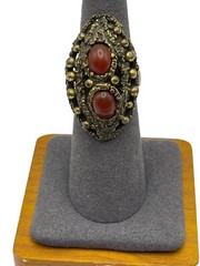 Copper Tone Red Lucite Acrylic Bead Coctail Ring Adjustable Size 6.5 BOHO Chunky