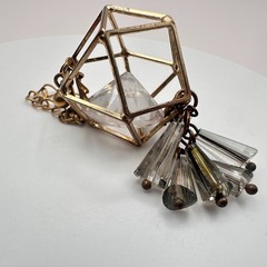 Vintage Gold Tone Geometric Cage Pendant with Clear Lucite Crystal Prism