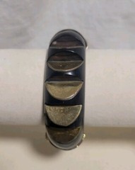 Vtg Egyptian Revival Wood Brass Inlay Hinged Bangle Cuff Bracelet Trombone Clasp