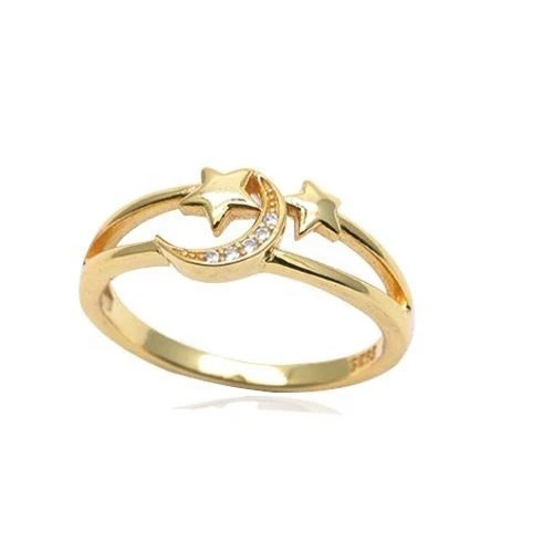 Round Cut 0.05TCW White Moissanite Moon And Star Pattern Ring 10K Yellow Gold FN