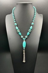 CHINESE TURQUOISE Necklace 70s Tassel Y-Drop 18” Silver Plated Statement #1 EUC