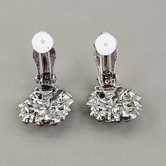 Vintage Rhinestone Clip On Earrings Blue Glass Oval Flower Silver Tone 1″