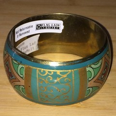 Vintage Wide Bangle Bracelet Gold Tone Brass Enamel Teal Red Green Boho