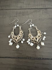 Vintage White Chandelier Earrings On Silver Tone Metal 1 .5 Inches Long