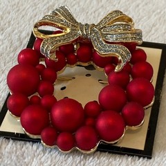 Napier Brooch Women’s Red Christmas Wreath Balls Pin Bow Cubic Zirconia