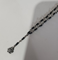 Vintage Black Beaded Chain Necklace With Silver Tone Daisy Flower Charm