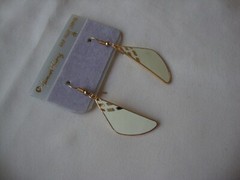 VINTAGE SAMUEL HUANG DESIGNER CLOISONNE RETRO MOD CREAM DANGLE HOOK EARRINGS