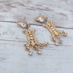 Vintage Earrings for Pierced Ears Ornate Gold Tone & Clear Gem Statement Dangle