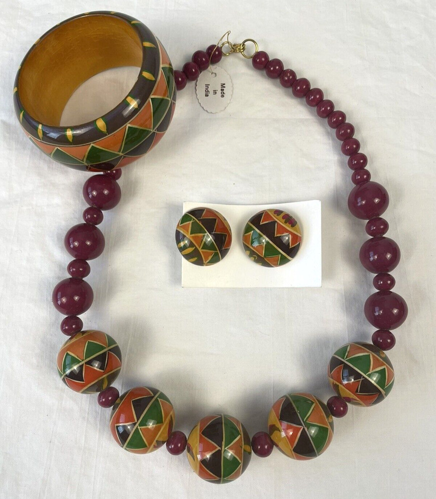 VINTAGE 80’S Painted WOOD NECKLACE, BANGLE BRACELET, & Earrings SET MultiColor