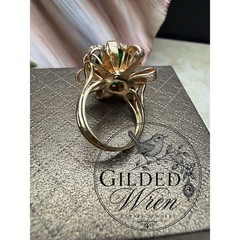 Vintage 14K Gold Hollywood Regency Ribbon Ring | Simulated Emerald 9.28g Sz 6.5