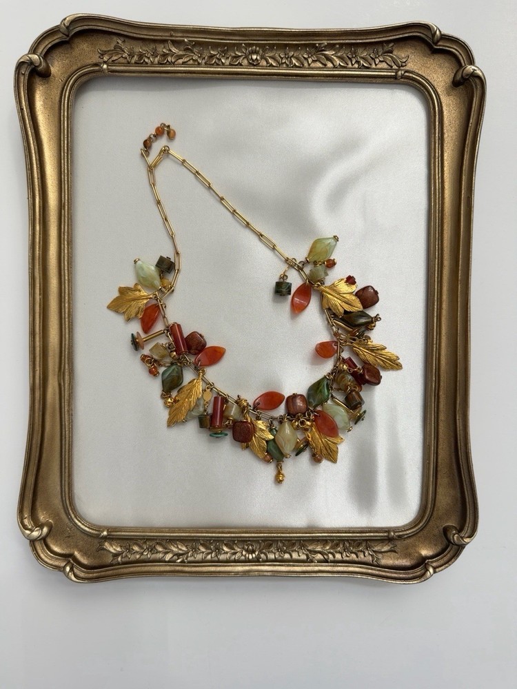 Vintage Fall Charm Necklace: Pearl Acorns, Art Glass Leaves, Autumn Jewelry