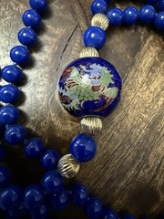 Beautiful Knotted Blue Glass and Gold Beads with Large Dragon/Phoenix Beads, 36”