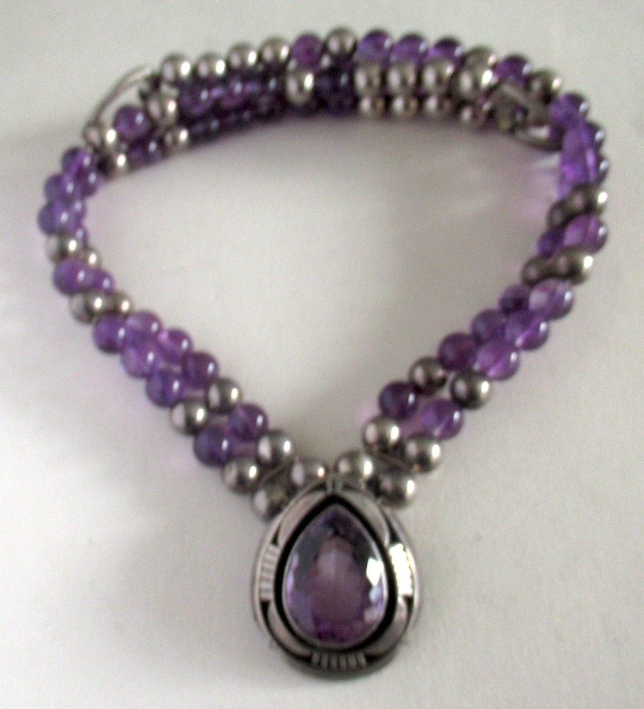 VINTAGE CAROL FELLEY STERLING NECKLACE w AMETHYST, 17 INCHES, 89 GRAMS, 1989