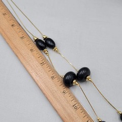 Vintage Station Black Bead Necklace Gold tone Chain Long 30″