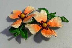 Vintage Orange Painted Flower Metal Earrings & Brooch/Pin Set