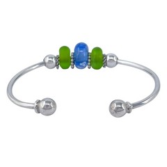 Vintage Sterling Silver 925 | Green Blue Glass Ball Tip Cuff Bracelet | 7″