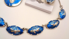 Vintage Sterling Silver Siam Niello Blue Enamel Necklace Brooch Clip Earring Set