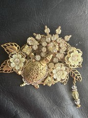 Vintage Assemblage Brooch Pendant Turtle Rhinestone Filigree Flower Dangle Pin