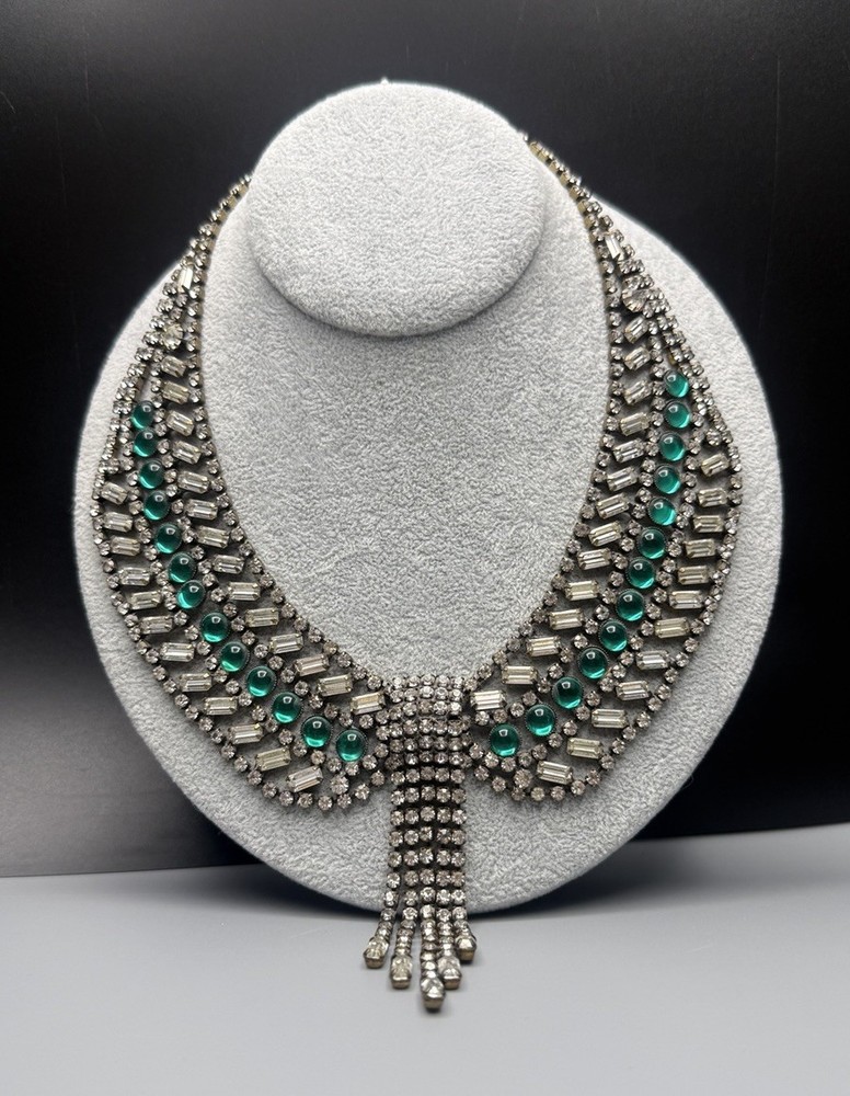 Hobe Signed Clear & Green Glass Rhinestone Necklace 16.5” With 3.75” Fringe VTG