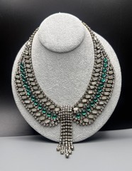 Hobe Signed Clear & Green Glass Rhinestone Necklace 16.5” With 3.75” Fringe VTG