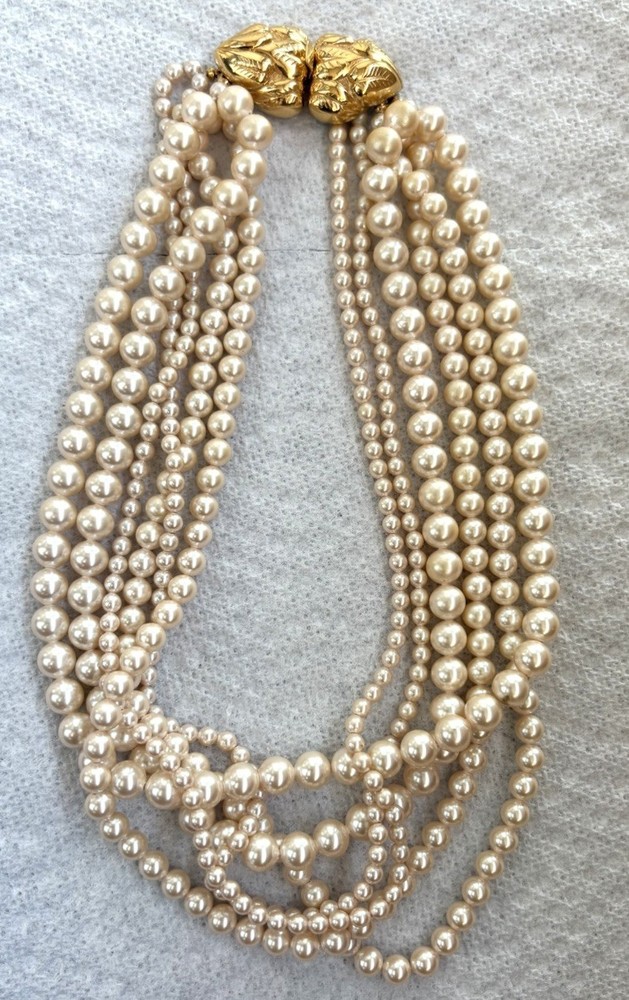 Faux Pearl Necklace Gold Tone Clasp 6-strand Beaded Choker Elegant Wedding 16”