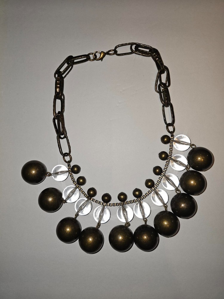 Cool vintage acrylic and metal beaded necklace bronze never worn, new”old stock”
