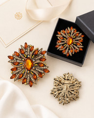 Vintage Amber Crystal Rhinestone Brooch, Antique Gold Tone Statement Pin
