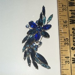 Vintage Blue Glass Rhinestone Flower Brooch Pin Silver Tone 3.5 in