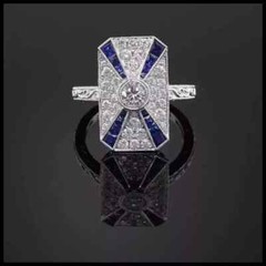 Art Deco Vintage Lab Created Diamond & Sapphire 14K White Gold FN Wedding Ring