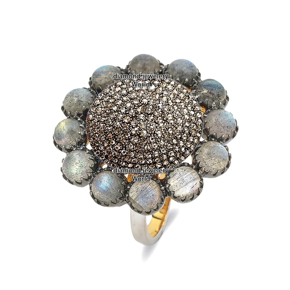 Vintage Style 2.59ctw Rose Cut Diamond Labradorite Silver Gorgeous Ring Jewelry