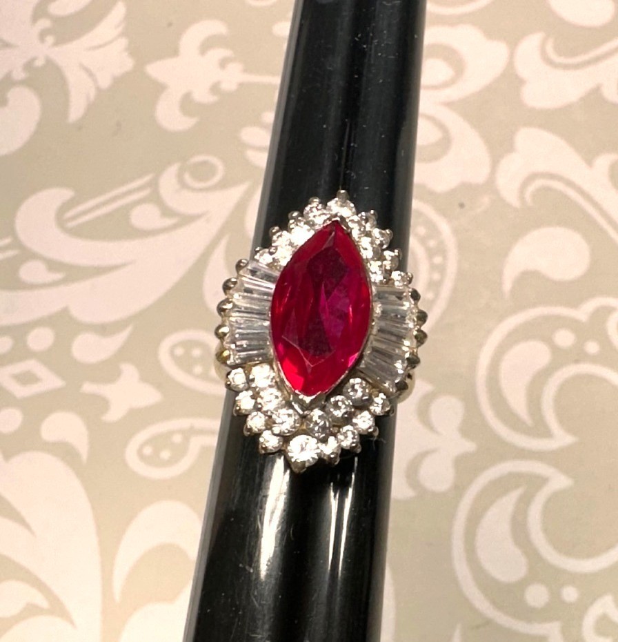 Vintage Jolie Gabor Faux Ruby and Cubic Zirconia Cocktail Ring Size 6