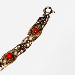 STERLING SILVER bracelet filigree scrolled panel links tiny coral glass cabs 10g