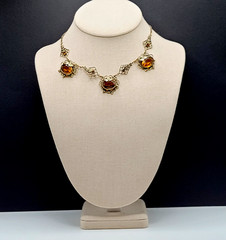 Czech Glass Art Nouveau Deco Flower Motif Brass Festoon Bib Amber Citrine 15 In