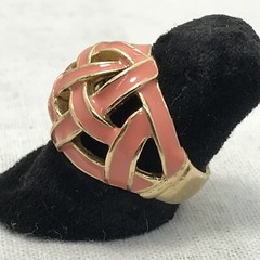Vintage Signed 18K HGE Gold Plated Coral Enamel Basket Weave Ring varied sizes