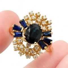Vintage 14K Gold Sapphire & Diamond Cluster Ring – Oval & Baguette Sapphires