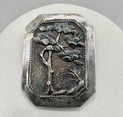 Antique Victorian Pine Trees Landscape Silver Unsigned Brooch Pin Asian Read