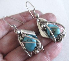 LADDA BIHLER SILVERSMITH STERLING EARRINGS w TURQUOISE, 2 1/8 INCHES, 12 GRAMS