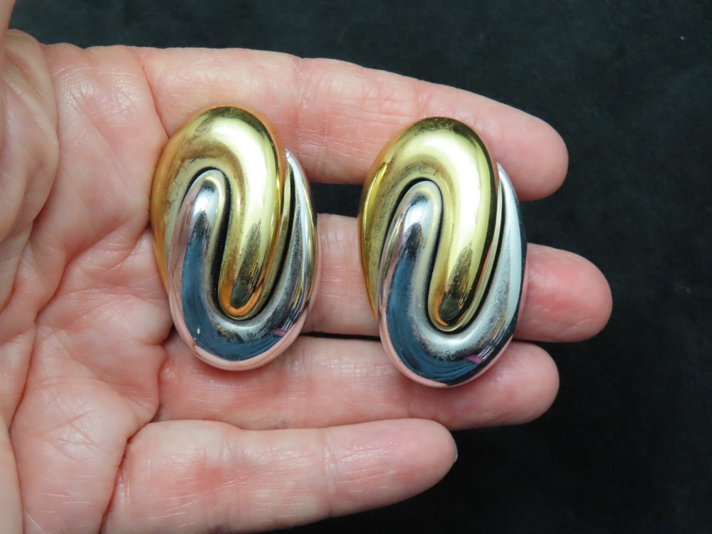 Authentic 1970’s Two Tone Plastic Oversize Swirl Pierced Earrings
