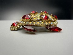 Brooch Turtle Figural Red Rivoli & Clear AB Rhinestone Large 2.25″ Vintage 1960s