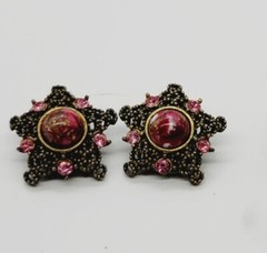 Filigree STAR Clip Earrings Pink Crystal Accent Ornate Vintage .75 in