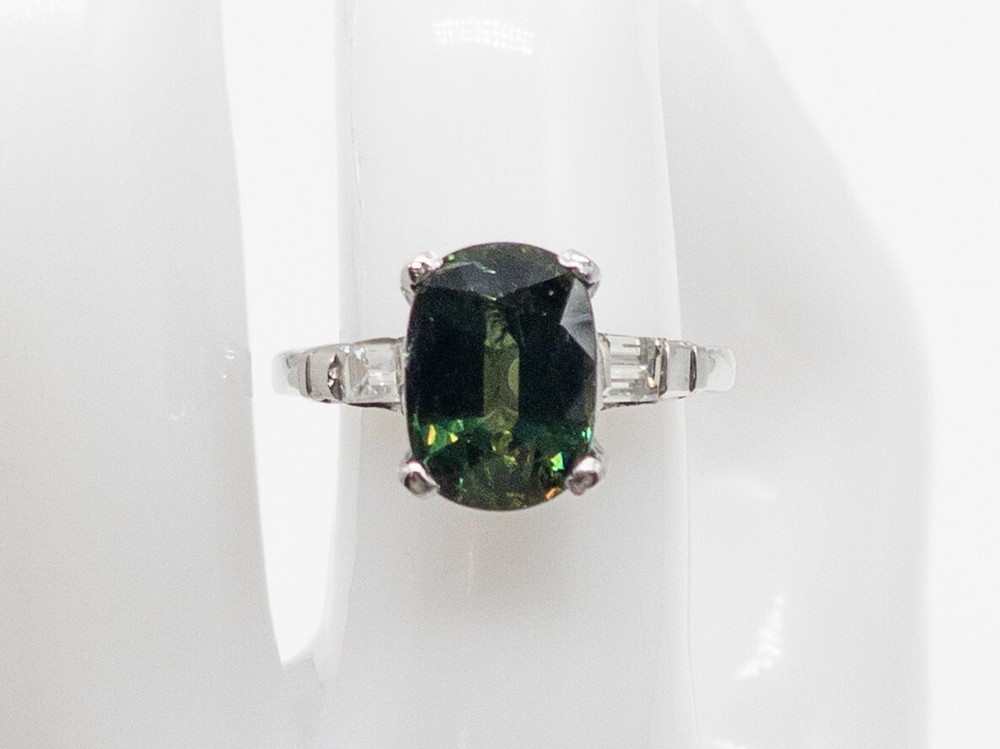 Vintage 1950s $12,000 5.50ct Natural Blue Green Sapphire Diamond Platinum Ring