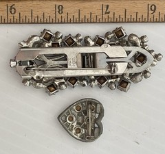 Vintage Pat Pend Rhinestone Brooch & Heart Pin Lot Smoky Gray Clear Crystal